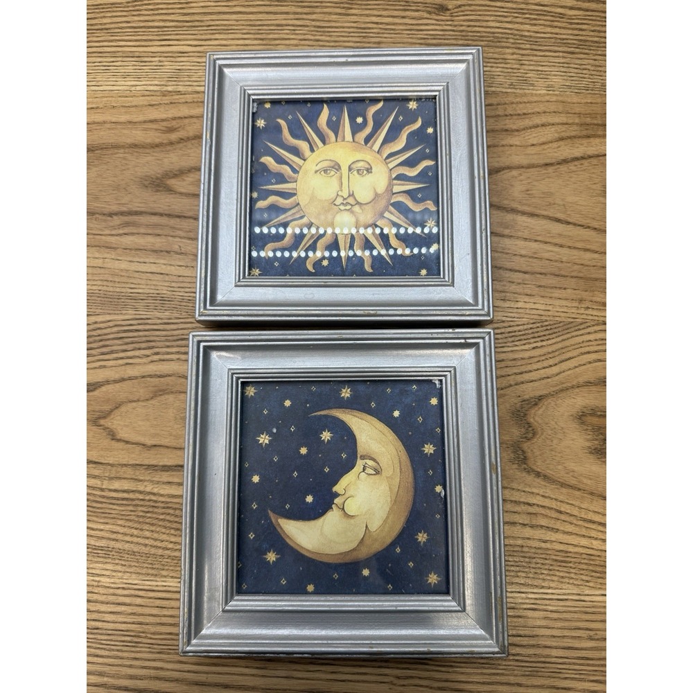 Set Of 2 Vtg. 1990 Celestial Sun & Moon Framed Art Prints Artist Mary Beth Zeitz
